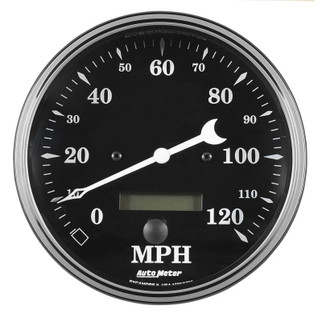 Auto Meter Gauge Speedo. 5in 120mph Elec. Prog. w/ LCD Odo Old Tyme Black