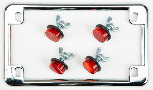 License Plate Frame W/4 Red Reflectors Chrome