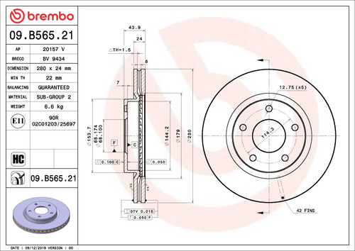 Brembo OE 13-19 Nissan Sentra UV Coated Brake Disc - Front