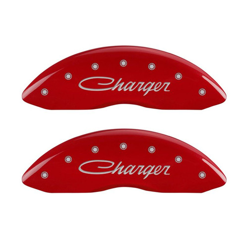 MGP 4 Caliper Covers Engraved Front & Rear Cursive/Charger Red finish silver ch