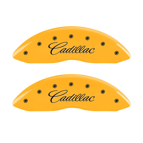 MGP 4 Caliper Covers Engraved Front & Rear Cursive/Cadillac Yellow finish black ch