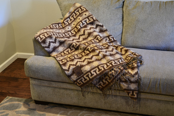 Brown and Tan Alpaca Blend Blanket Reversible Inca Geometric Pattern 60" x 84"