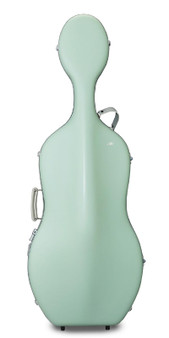 JML green hard cello case with light grey leather straps – durable protective instrument case