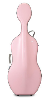 JML pink hard cello case with light grey leather straps – durable protective instrument case