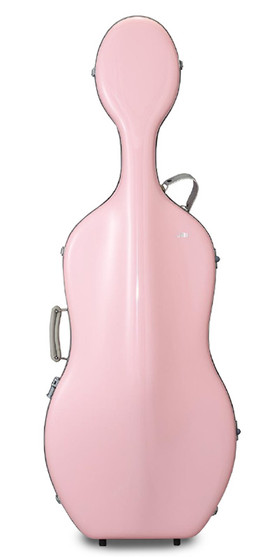 JML pink hard cello case with light grey leather straps – durable protective instrument case