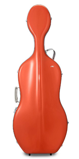 JML Red hard cello case with light grey leather straps – durable protective instrument case