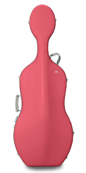 JML Alizarin-Red hard cello case with light grey leather straps – durable protective instrument case