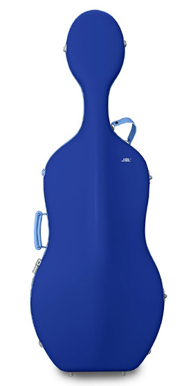 JML Denim-Blue hard cello case with light grey leather straps – durable protective instrument case