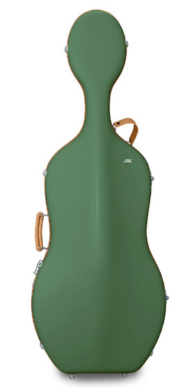 JML Pure-Green hard cello case with light grey leather straps – durable protective instrument case