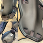 Composite image showcasing the interior of a JML® cello hard case, highlighting multiple protective and functional features. The top-right section shows the full inner mold with padded suede-like supports for securing the cello body and neck. The top-left and bottom-left sections display close-ups of the padded lower bout supports, integrated bow holders, and an accessory compartment near the scroll area. The interior is designed with precision-fit padding to ensure the instrument remains stable and well-protected during transport.