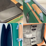 Composite image highlighting features of the JML® oblong violin case. The top-left shows a close-up of a built-in accessory pouch with the embossed JML® logo. The top-right and bottom-left images showcase the case’s stylish exterior with a green body, tan leather handle, and blue securing brackets. The bottom-right image reveals the plush interior with bow holders and a padded support system for the violin. The case combines durable protection with elegant, modern design details.