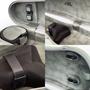Image detailing the interior features of the JML® shaped violin case. The top-left section shows bow holders securely attached inside the case. The top-right image features the JML® logo and a padded support system for the violin's neck. The bottom-left close-up highlights a protective neck cushion with a secure strap for added stability. The bottom-right image shows multiple bow spinners and padding, all set against a luxurious suede-like green interior for optimal protection and style.