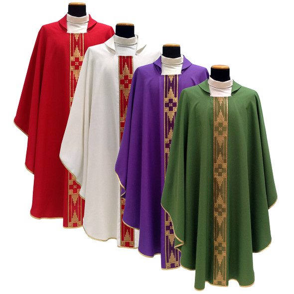 Solivari Gothic Chasuble w Embroidered Gold Band 100% Polyester - Set of Four Colors