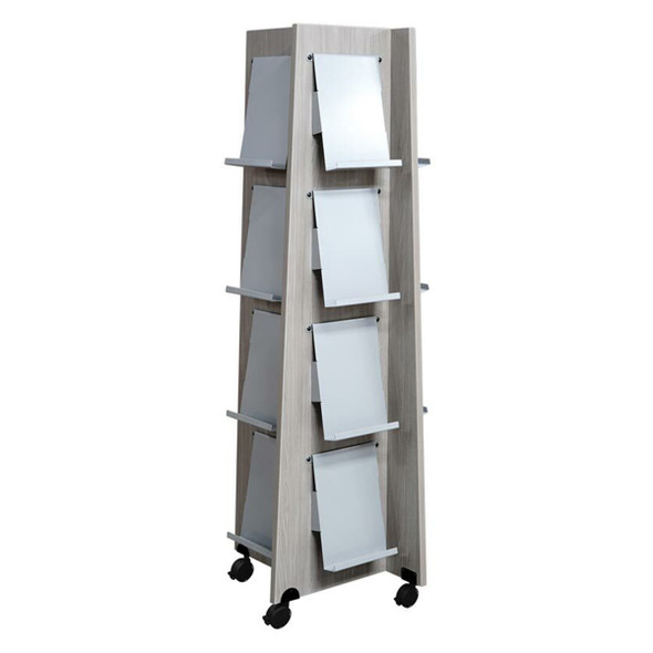 Media Technologies Pinwheel Display Tower w Shelves, Casters, 66"H, Weathered Ash