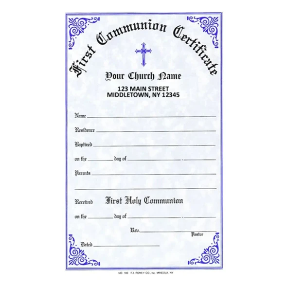 Remey Imprinted Communion Certificate w Notations on Back Qty-200