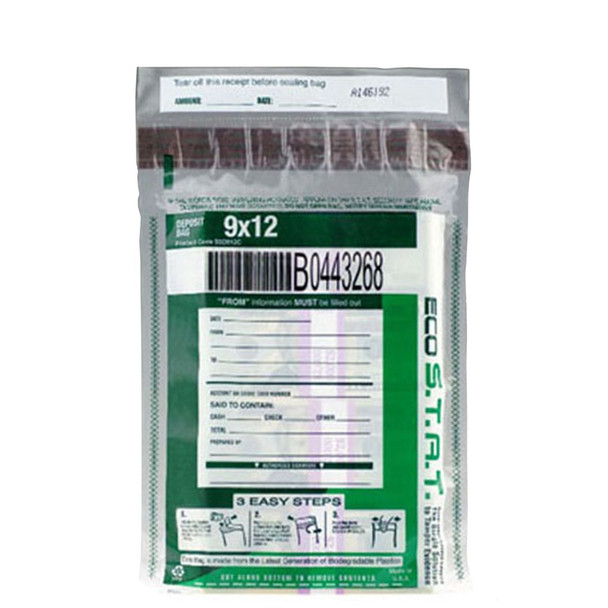US Bank Green Eco Stat Tamper-Evident Deposit Bag 9" x 12" Clear 100/Bx