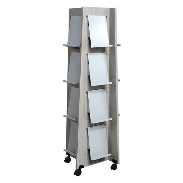 Media Technologies Pinwheel Display Tower w Shelves, Casters, 66"H, Weathered Ash
