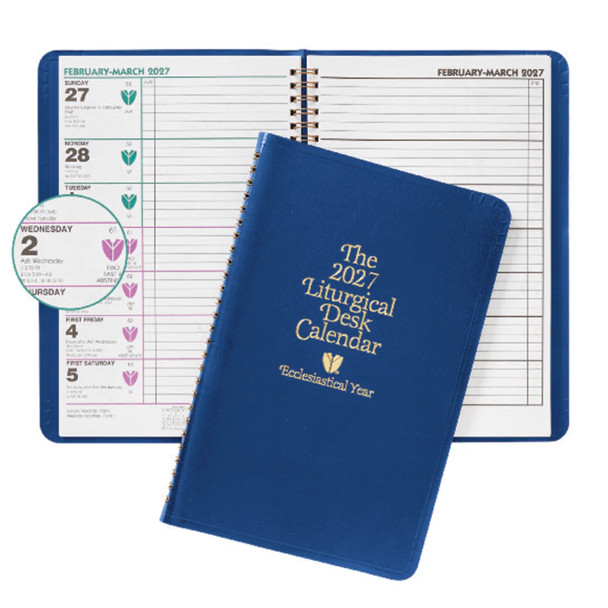 Front cover of the 2027 Franklin McCormick Liturgical Desk Calendar showing daily church planning grid.