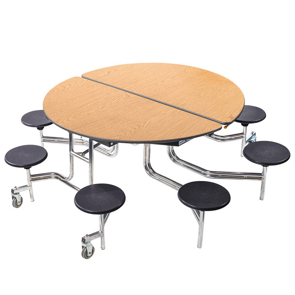 NPS 60" Round Mobile Stool Cafeteria Table, Particleboard Core, T-Mold Edge, Chrome Frame