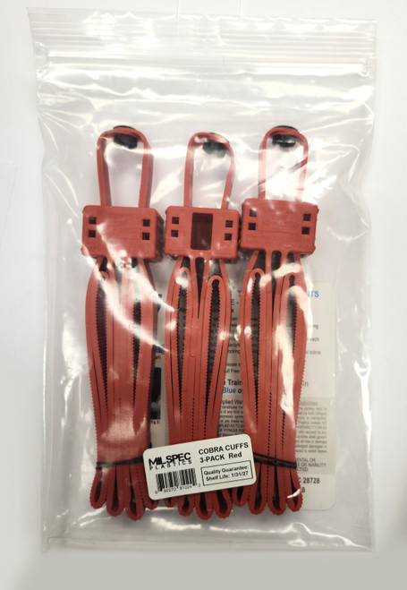 The back side of the 3 pack of red Cobra Cuffs trainers with the package , over a white background.