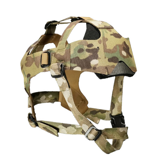 Three-quarter view of Carcajou Tactical NVG Skull Harness in CMulticam, shown against a white background, available at Hudson Supplies Corp.