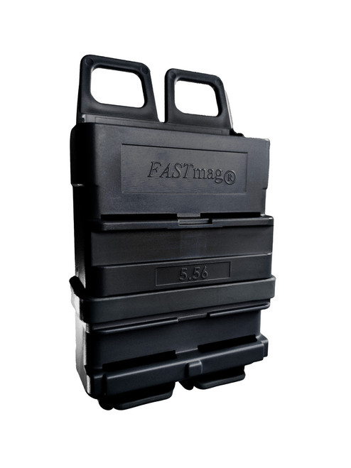 Back side of a  FASTmag  five five six molle version in black color in a perspective view over a white back ground.