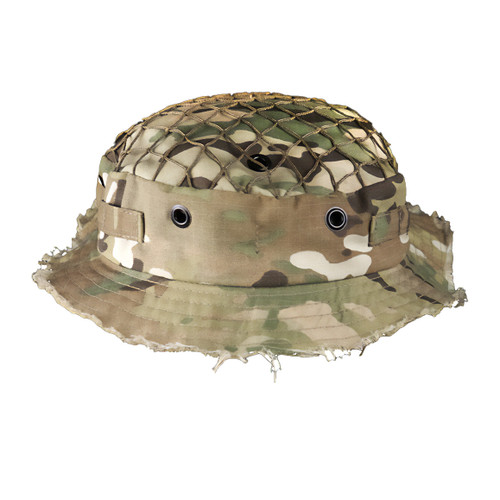 Carcajou T.`s Bravo Six Boonie Hat in Multicam with mesh top and frayed brim, available at Hudson Supplies Corp USA.
