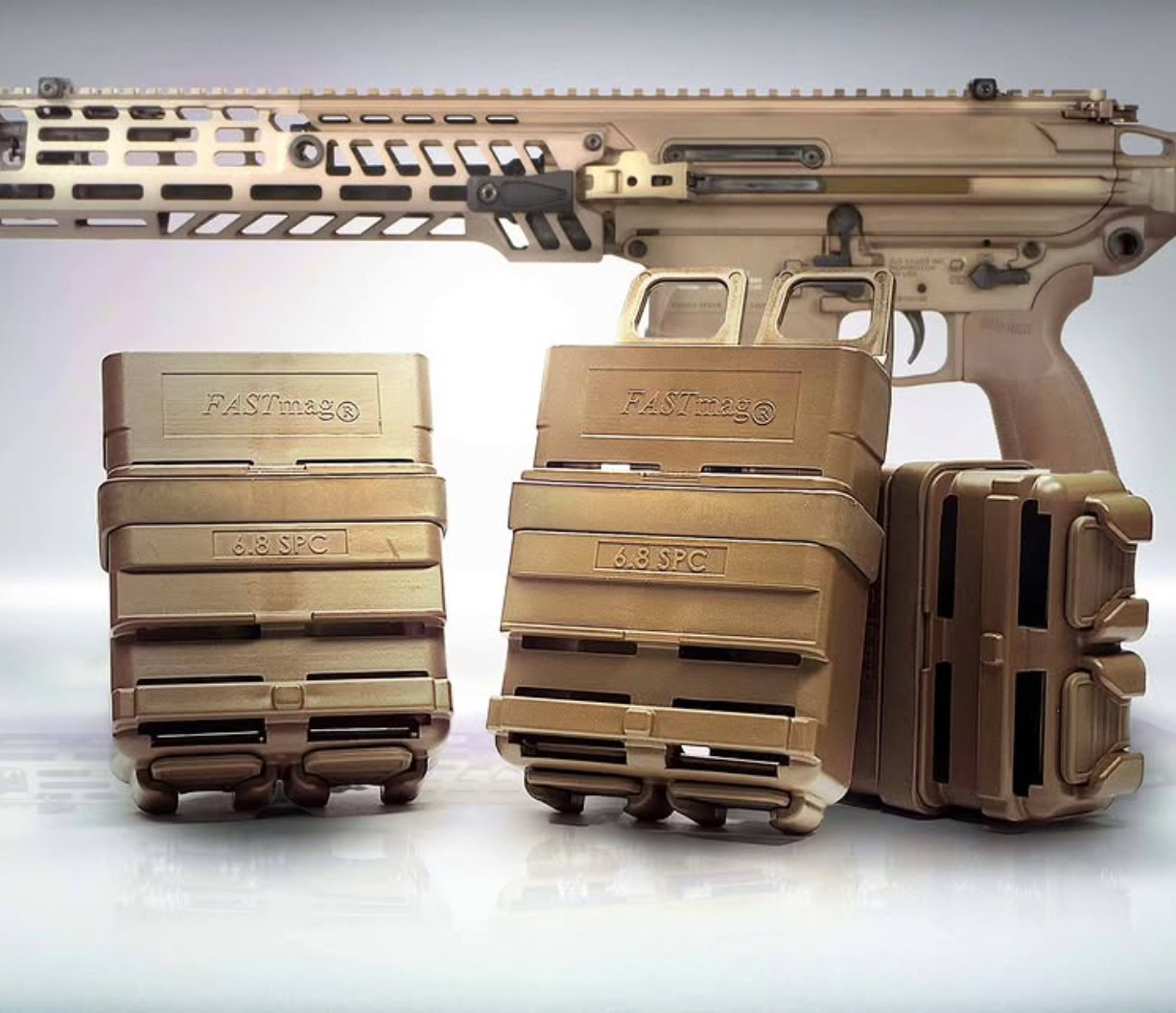 DEI FASTMag® 6.8 polymer magazine carriers displayed in Coyote Brown, designed for the new U.S. Army 6.8x51 (.277 Fury) caliber, shown with belt-mounted and stacked configurations in front of a modern tactical rifle.