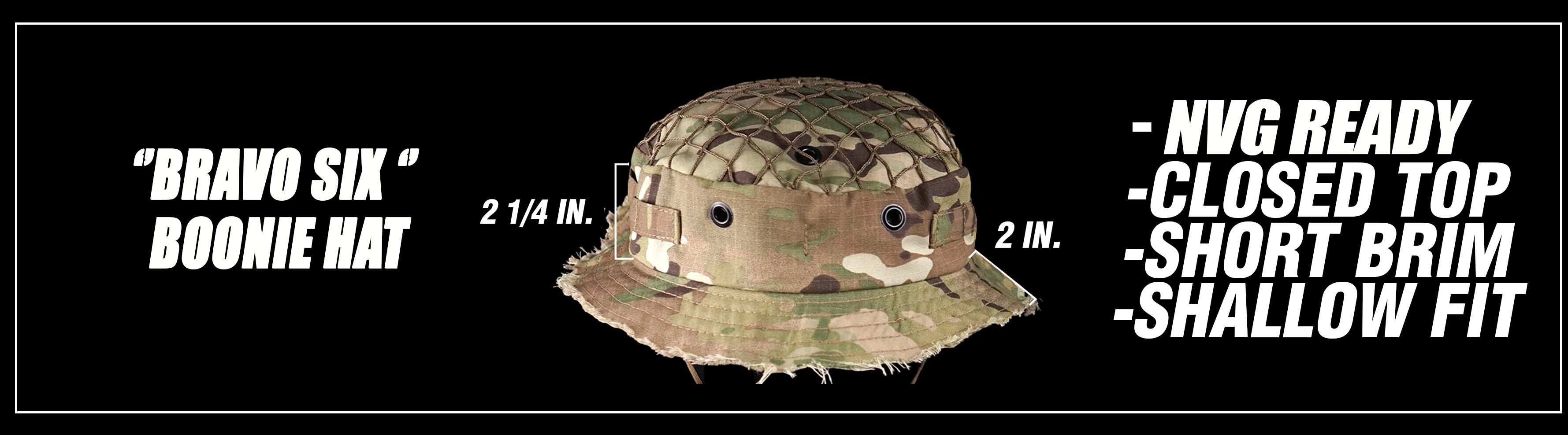 Bravo Six Boonie Hat comparison image showing NVG-ready design, closed top, short brim, and shallow fit – selected product page