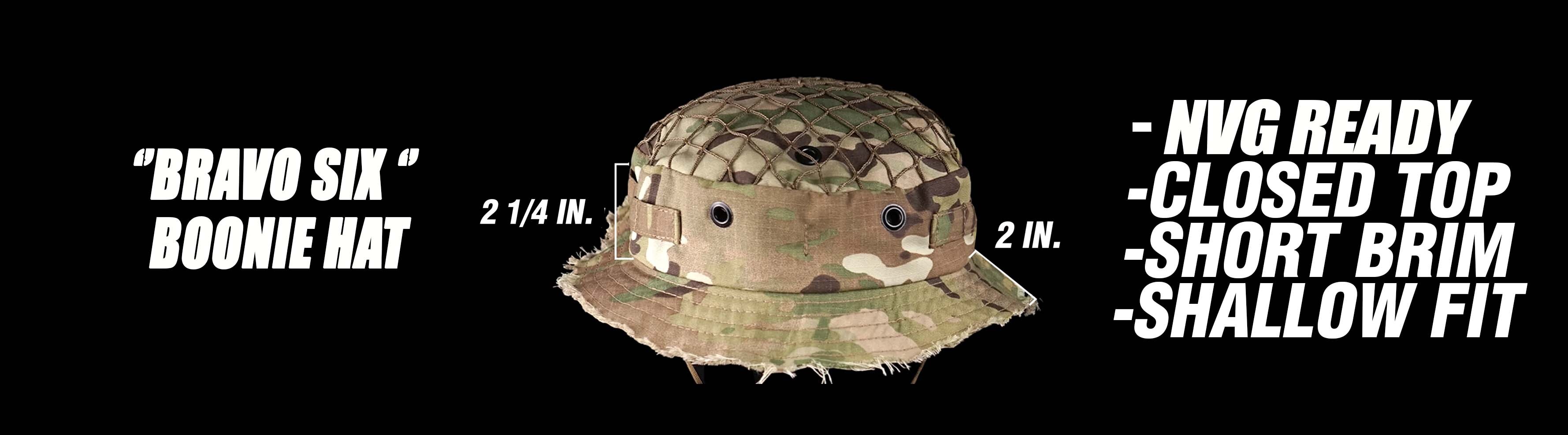 "Bravo Six" Boonie Hat comparison, NVG ready design, closed top, short brim, and shallow fit – click to view full product page
