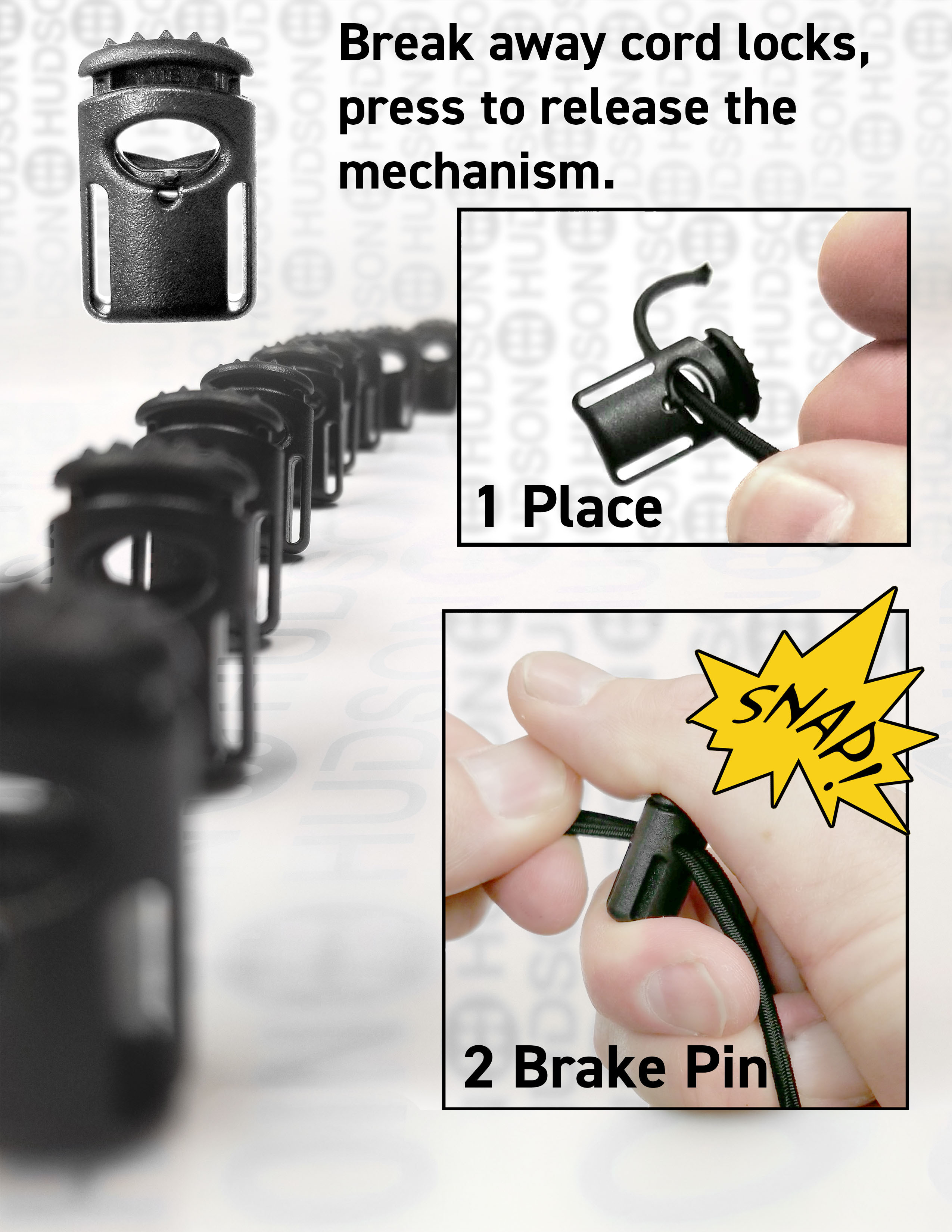 Step-by-step instructions showing how to use ITW Break-Away Cord Locks: place the cord lock on the cord, then press to snap the break-away pin and release the mechanism.