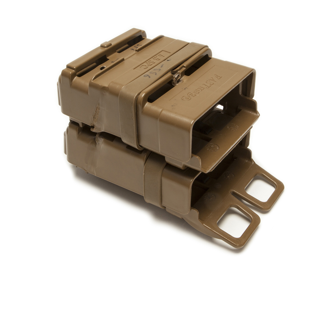 Coyote Brown 6.8 caliber FASTmag belt-mounted over MOLLE-mounted version, shot with 5.56 projectiles to demonstrate durability without fragmentation.