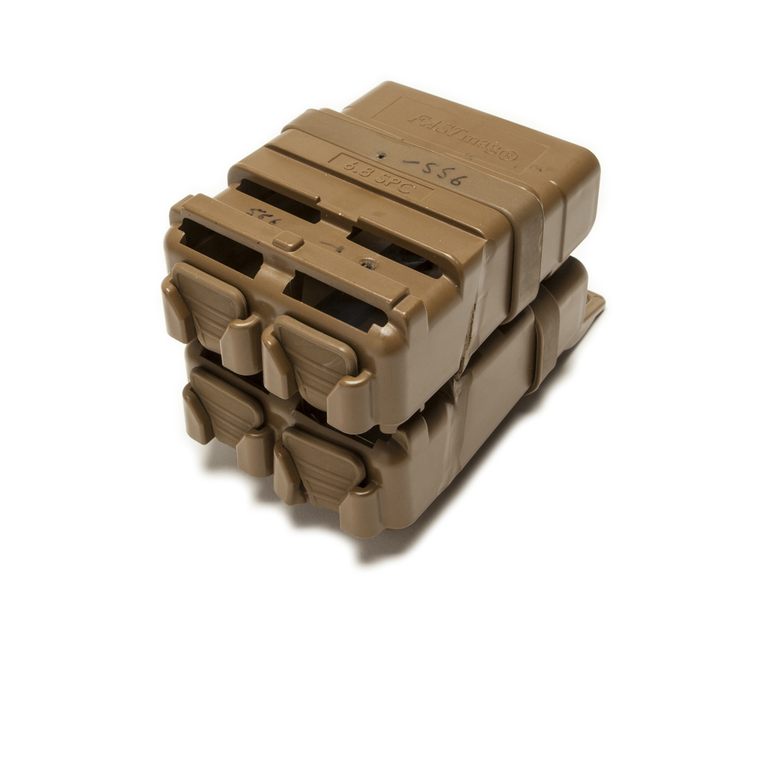 Coyote brown FastMag dual magazine pouch for 6.8 SPC, shown from an angled side view
