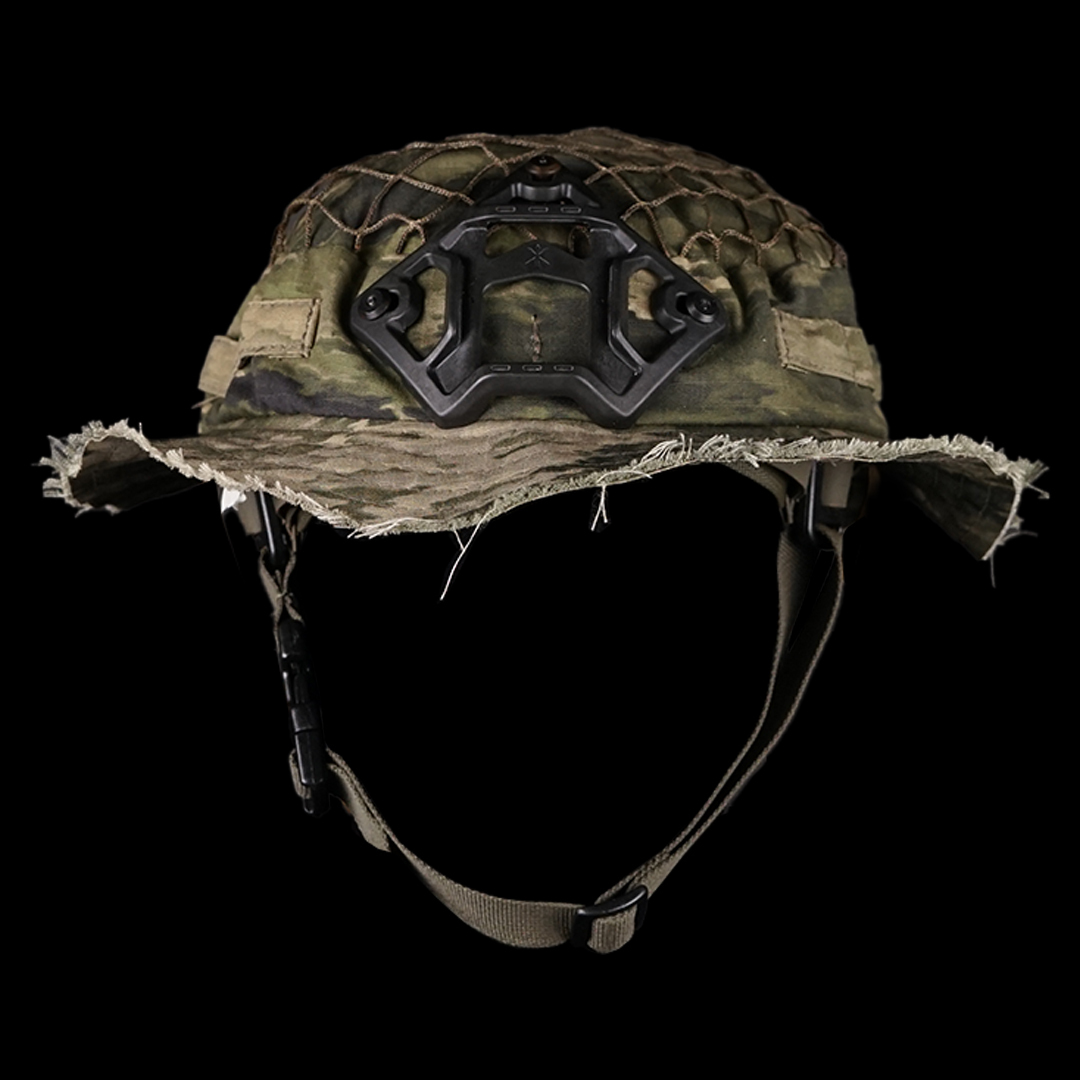Front view of camo boonie hat with black Unity Tactical Summit 3-point shroud and chin strap