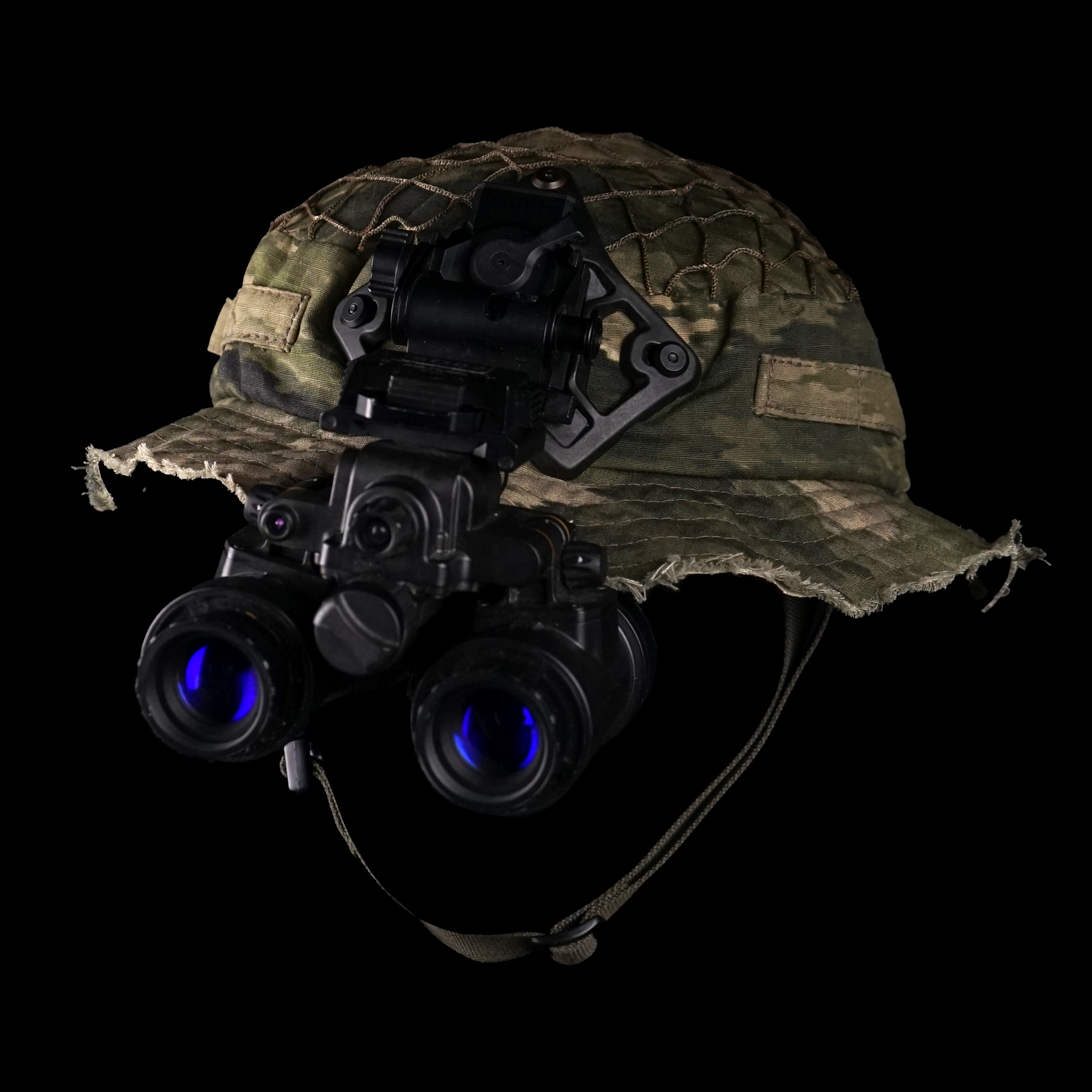 Front and side view of camo boonie hat with Unity Tactical Summit 3-point shroud mounted night vision goggles