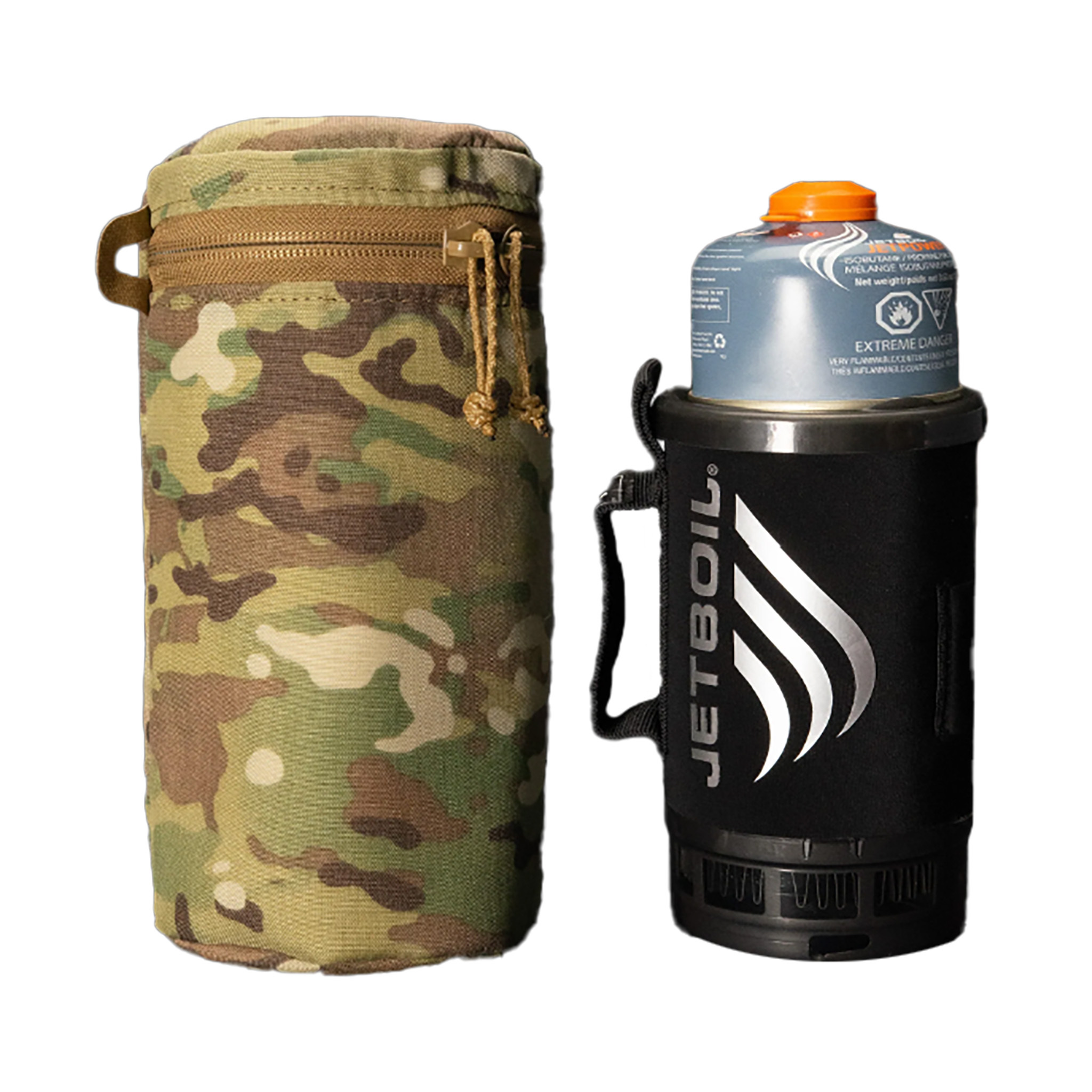 Carcajou Tactical Jet Boil Pouch in Multicam shown beside a Jetboil cooking system with 100 g fuel canister, demonstrating compatibility, available at Hudson Supplies Corp.
