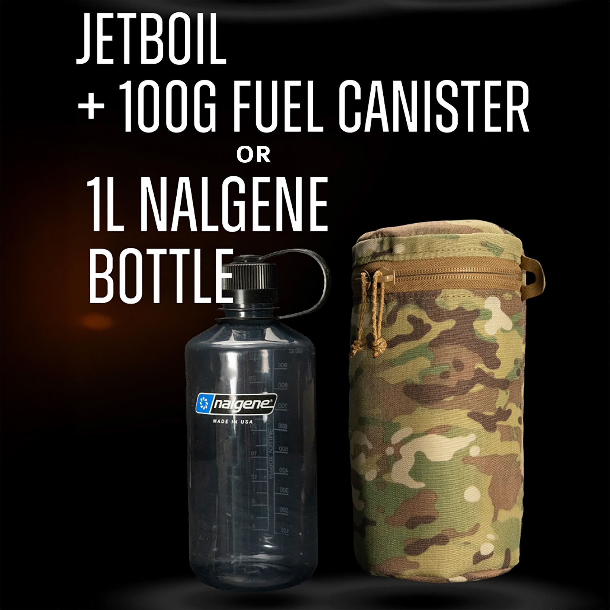 Carcajou Tactical Jet Boil Pouch in Multicam shown beside a 1-liter Nalgene bottle, illustrating fit with Jetboil or 100 g fuel canister, pouch available at Hudson Supplies Corp.