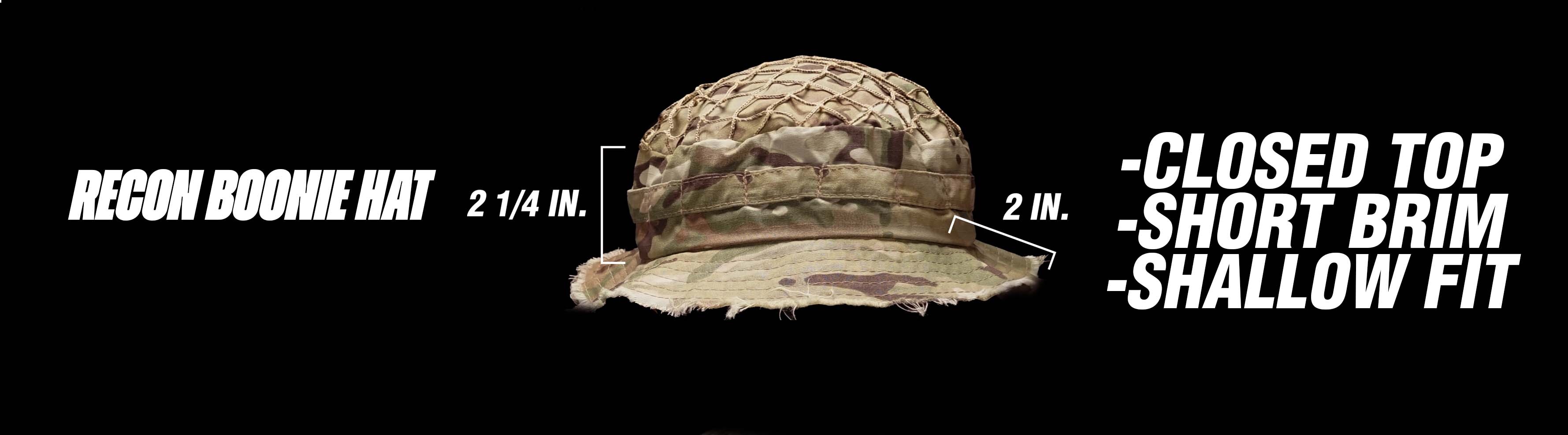 Recon  Boonie Hat comparison image showing NVG-ready design, closed top, short brim, and shallow fit – click to view full product page