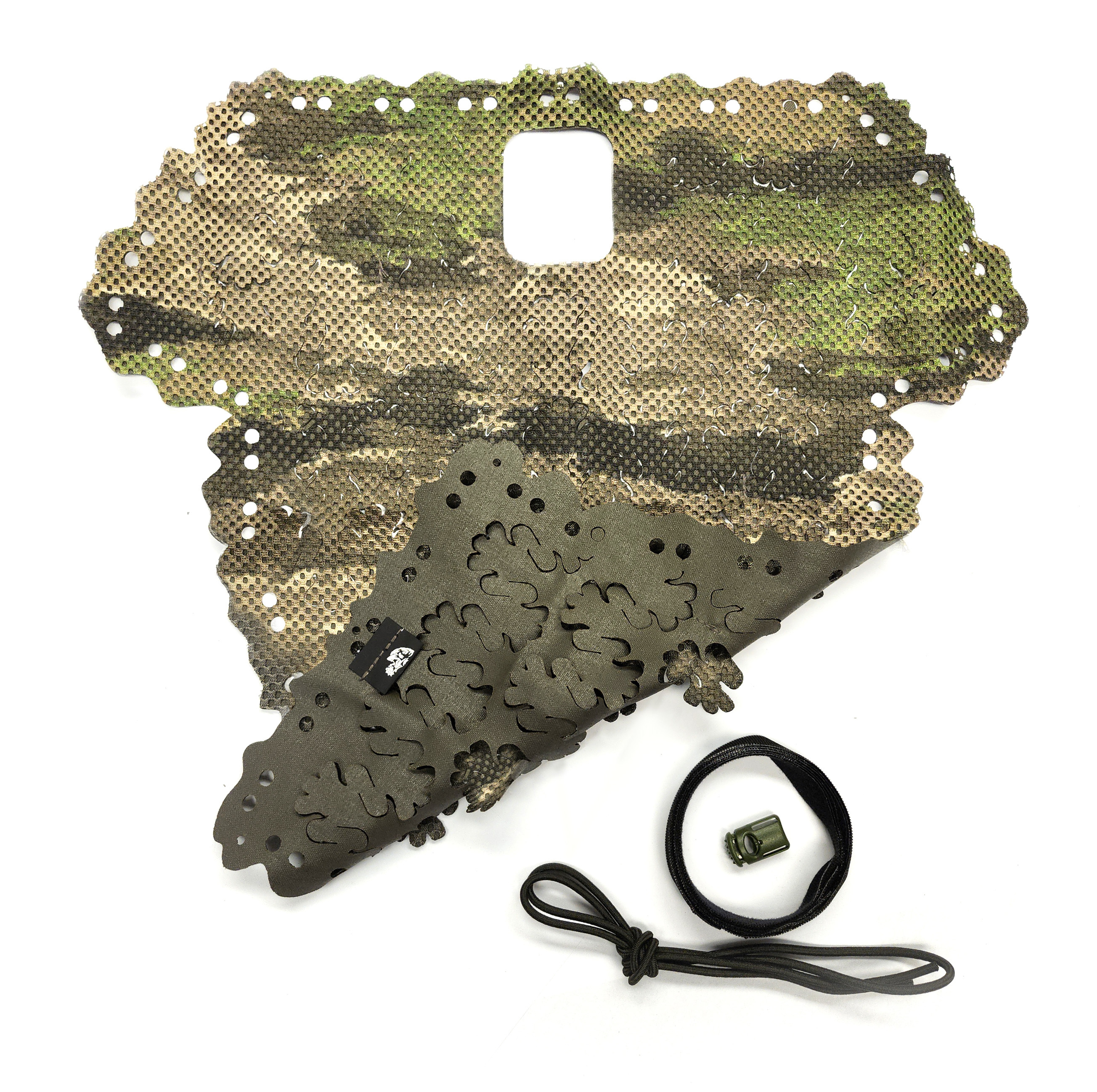 Carcajou Tactical helmet scrim laid flat showing both sides in A-tacs-ix-with included bungee cord and ITW cord lock