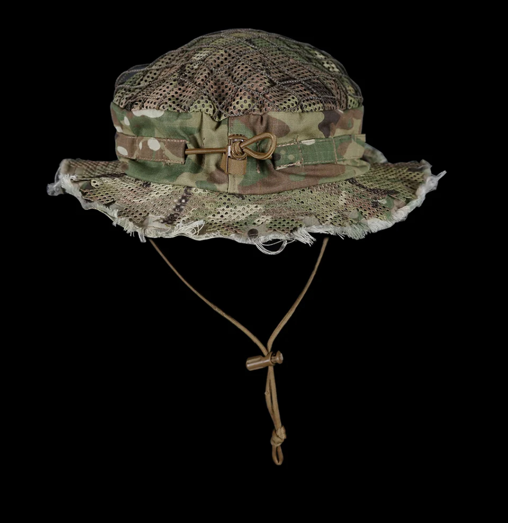 Rear view of Carcajou boonie hat showing ITW cord lock circumference adjustment on the headband zone, available at Hudson Supplies Corp USA.