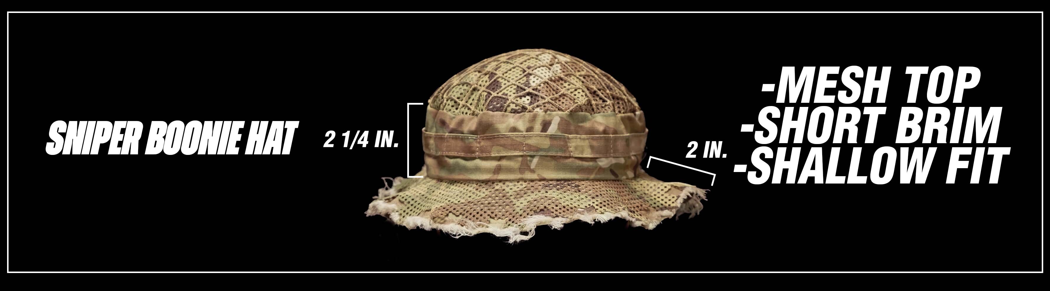 Sniper Boonie Hat comparison, vented mesh top, short brim, extra layer scrim concealment, and shallow fit – click to view full product page