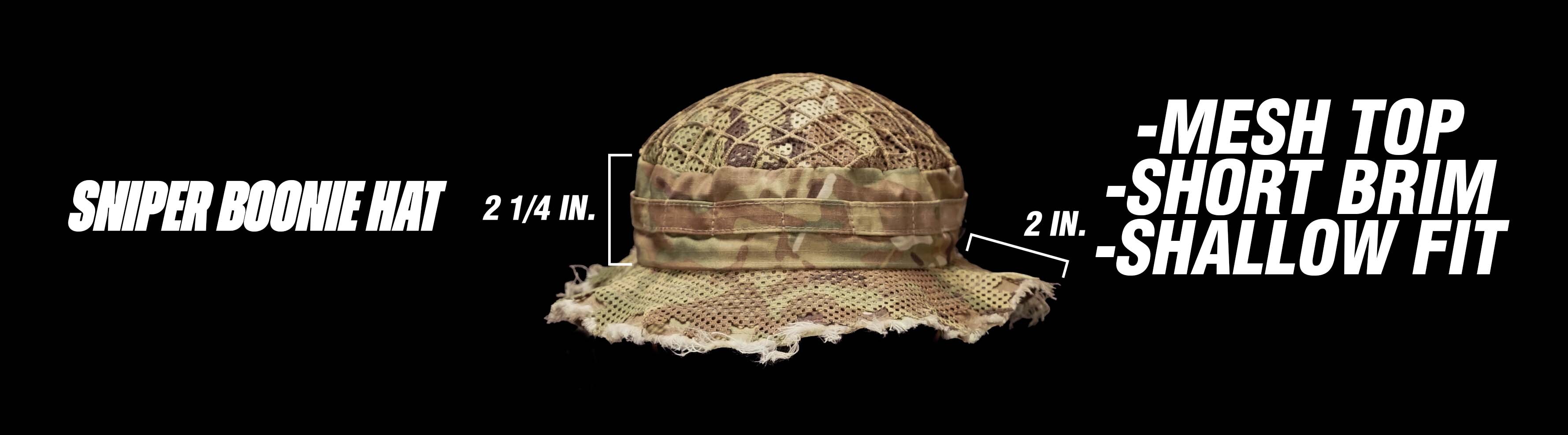 Sniper Boonie Hat comparison image, mesh top, extra layer concealment, short brim, and shallow fit – click to view full product page