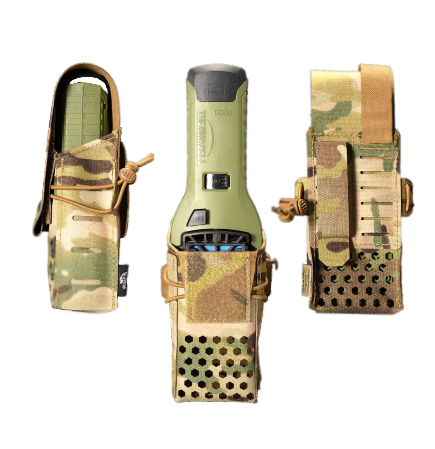 Thermacell MR300 fithing perfectly inside Carcajou T-Cell pouch, also showing side and rear view