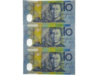  1994 Ten Dollars Run of Three Consecutive First Prefix Banknotes 