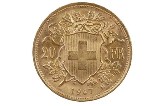 Switzerland Helvetia 1947 B Gold 20 Francs in Uncirculated Condition