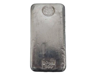 Perth Mint 20oz 999 Silver Left Facing Swan Cast Bullion Bar, silver bar with Perth Mint logo, weight 20 ounces, purity 999 silver, featuring a left facing swan design.