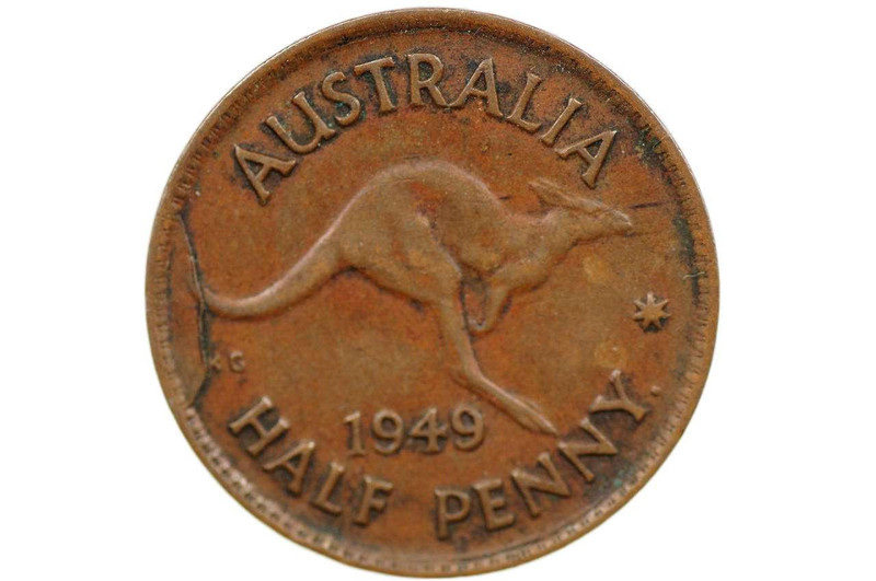 1949 Y. Halfpenny Variety Die Crack Through Kangaroo Tail in VF