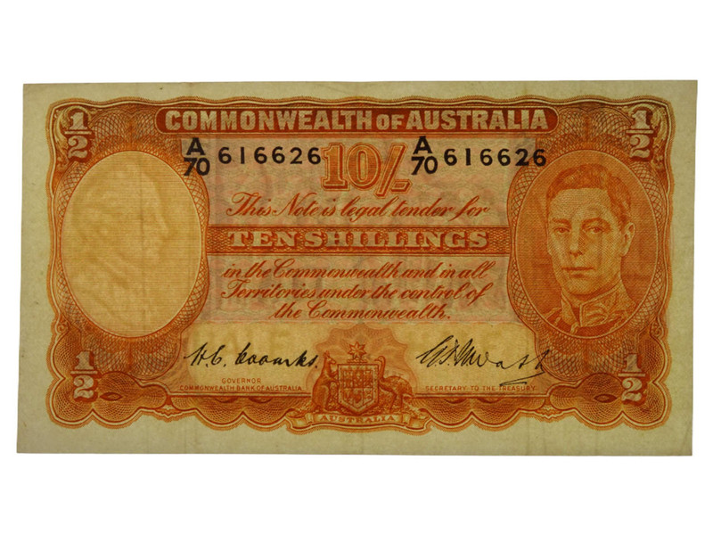 1949 Ten Shillings Coombs/Watt Banknote in Almost VF Condition