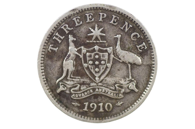1910 Threepence Variety Die Crack Three Leg Emu in Almost Fine Condition