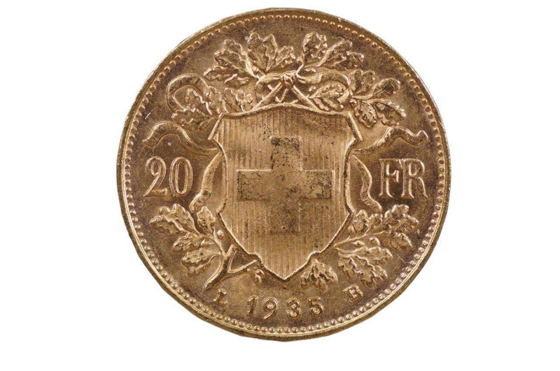 Switzerland Helvetia 1935 L-B Gold 20 Francs in Uncirculated Condition
